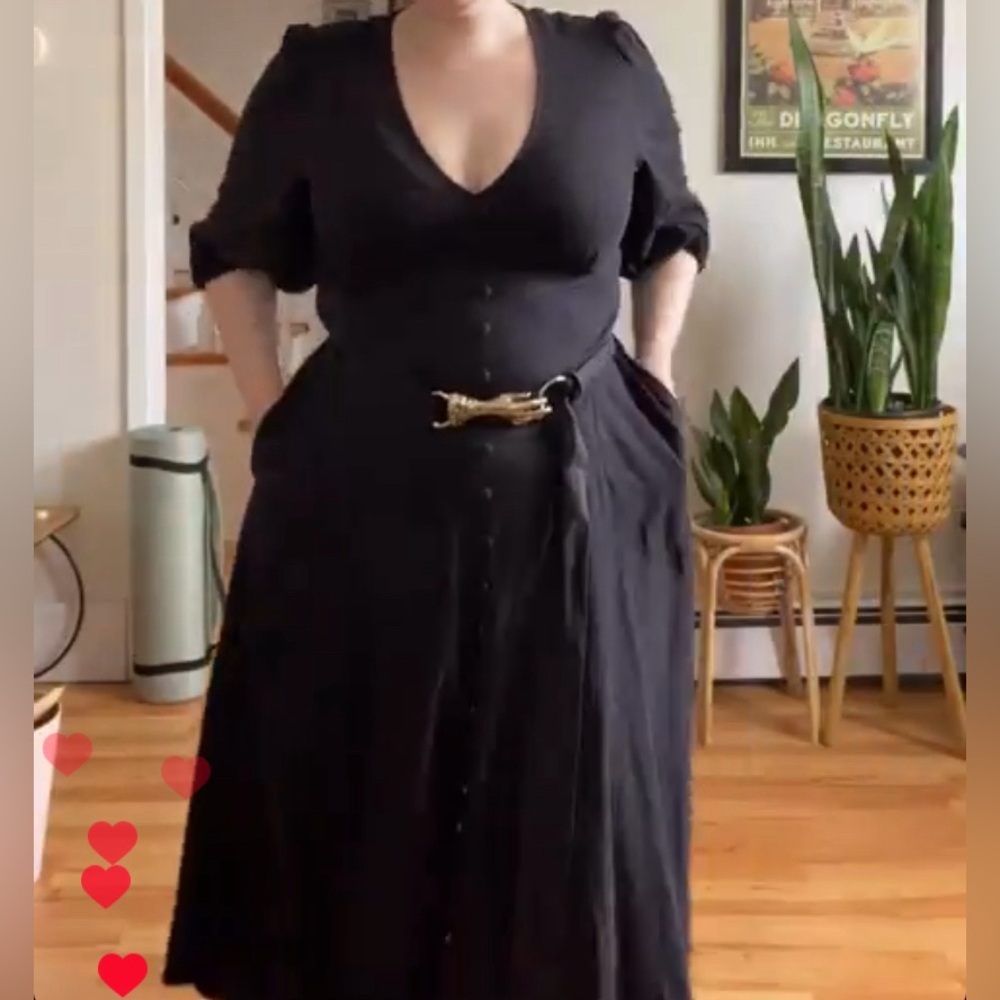 Black V-Neck Midi Dress with Belt